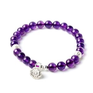 Amethyst Beaded Charm Bracelet S925 Lotus Stretch